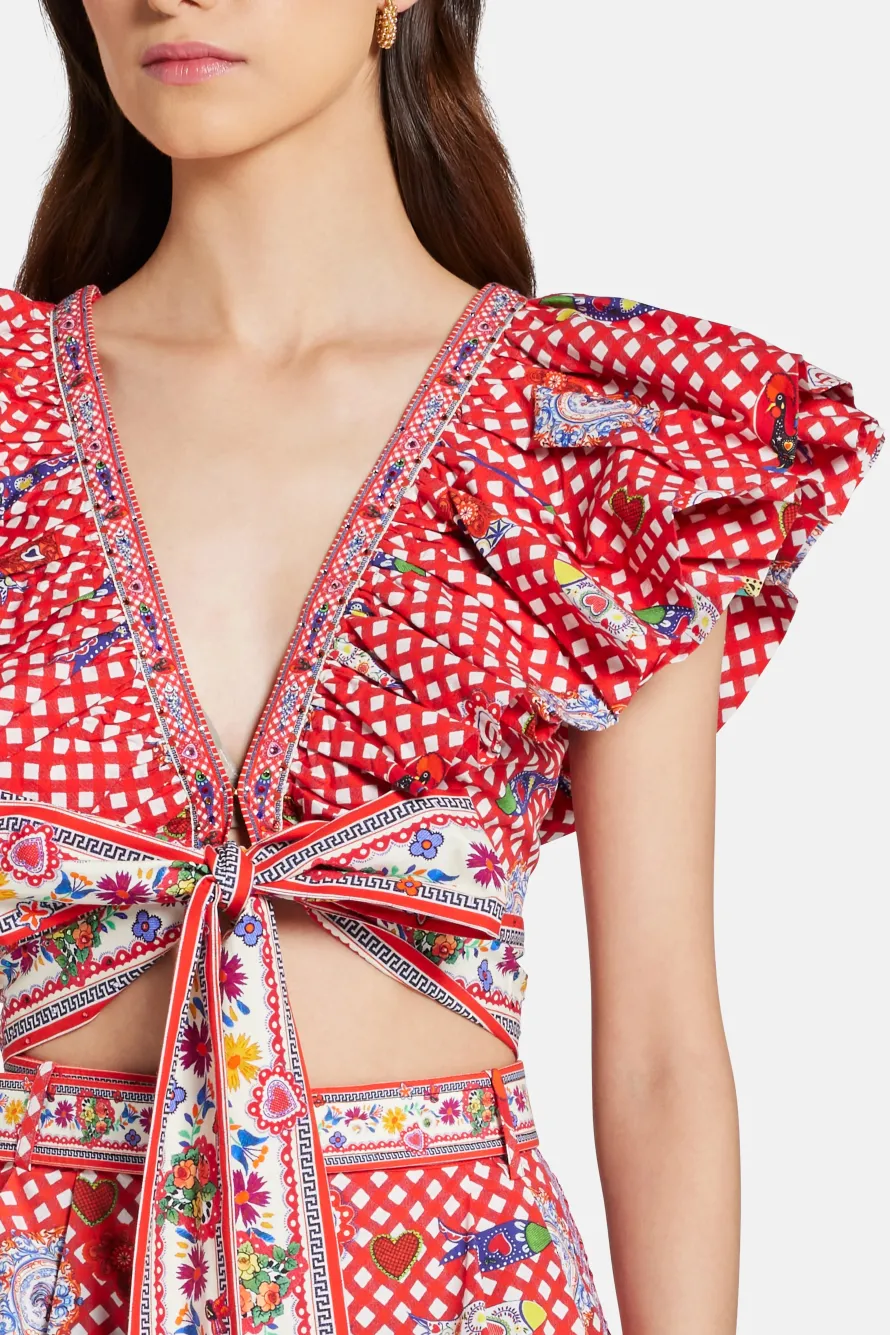 Floral Ruffle V Neck Wrap Cotton Top in Red