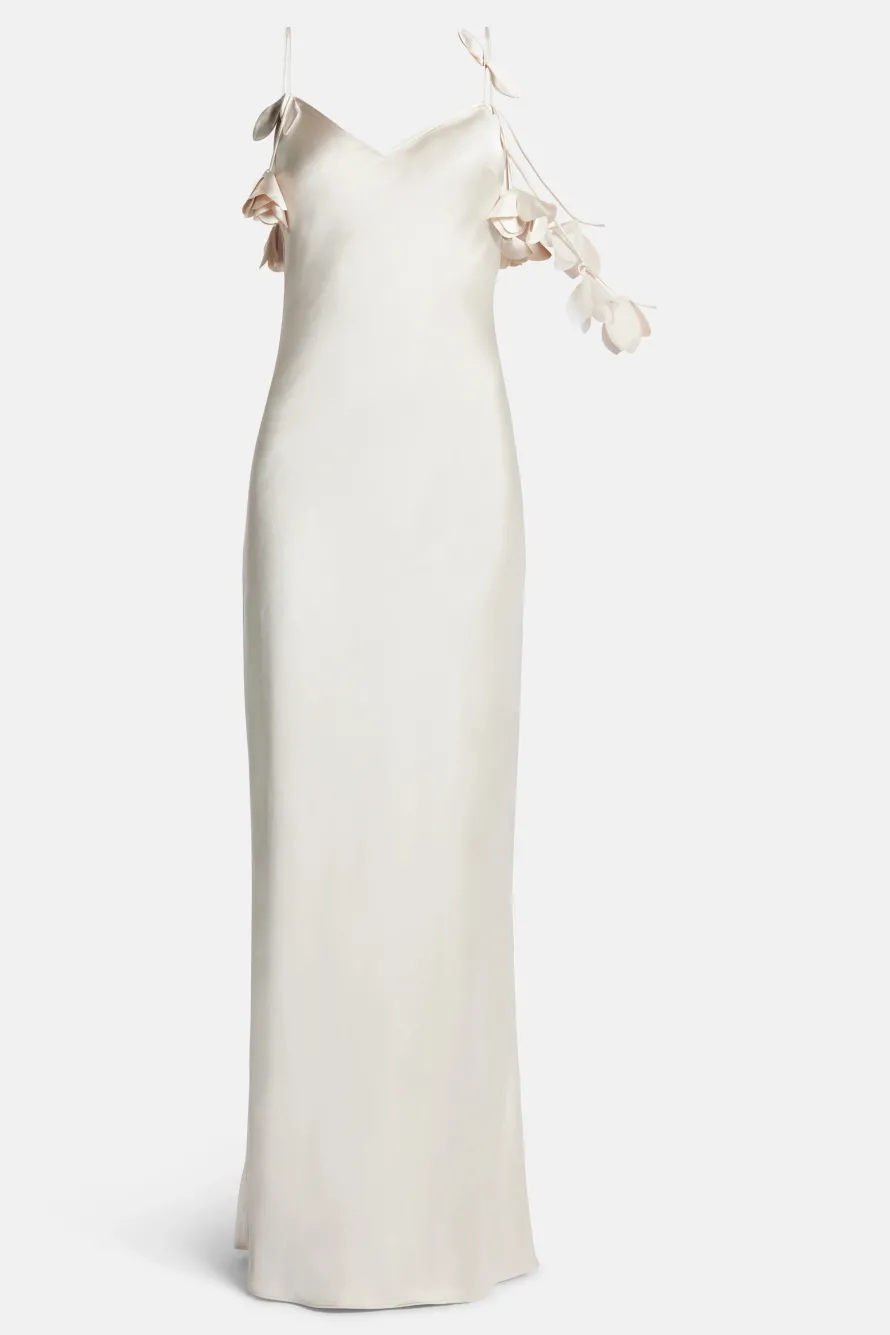 Floral Satin Sleeveless Evening Dress in Beige