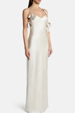 Floral Satin Sleeveless Evening Dress in Beige