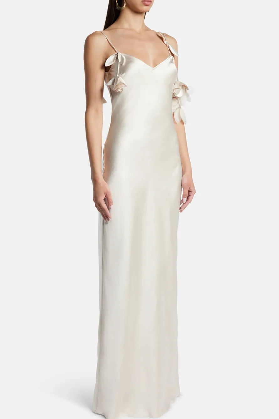 Floral Satin Sleeveless Evening Dress in Beige