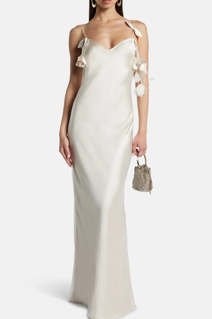 Floral Satin Sleeveless Evening Dress in Beige
