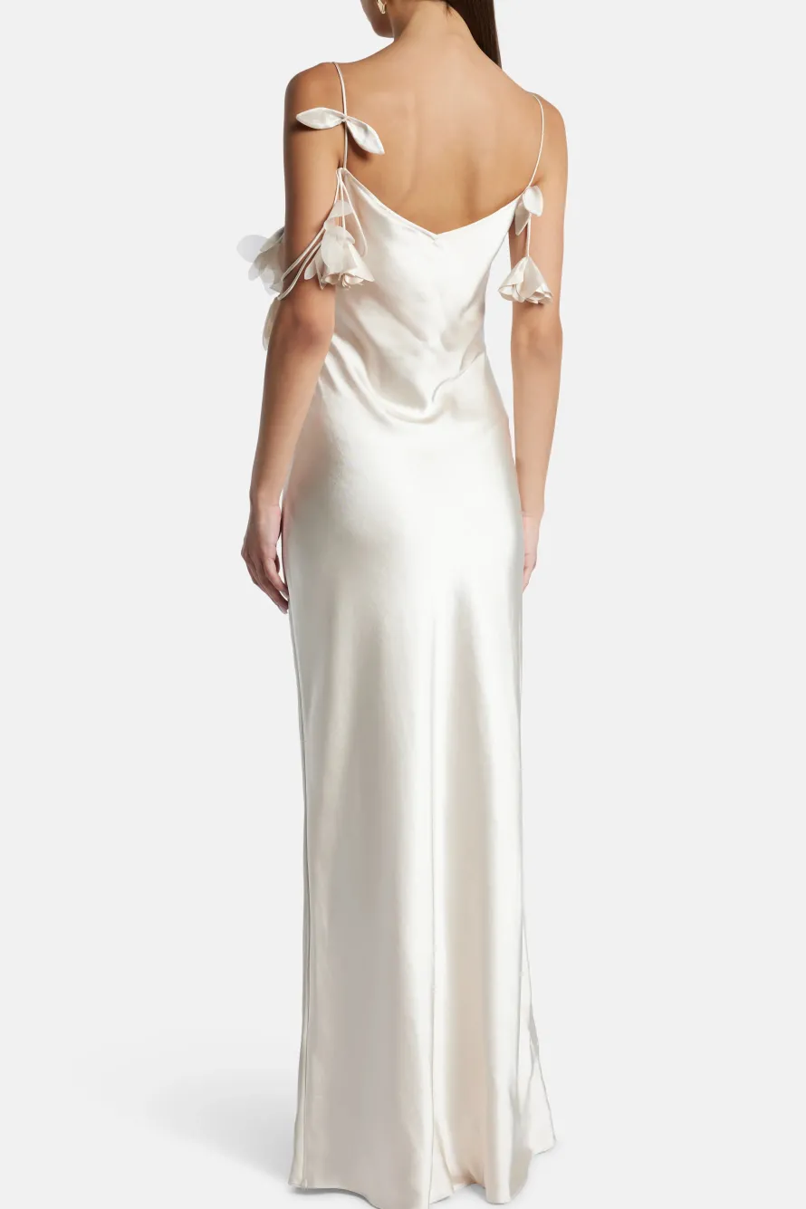 Floral Satin Sleeveless Evening Dress in Beige