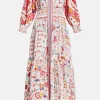 Floral Shirred Waistband Linen Maxi Dress in Red and White