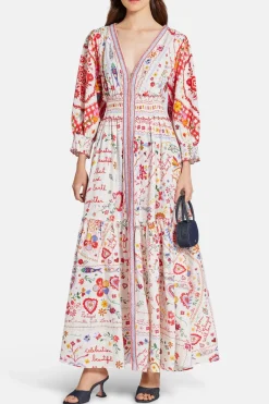 Floral Shirred Waistband Linen Maxi Dress in Red and White