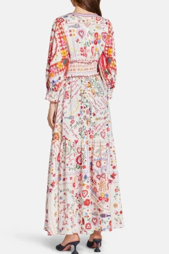 Floral Shirred Waistband Linen Maxi Dress in Red and White