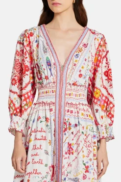 Floral Shirred Waistband Linen Maxi Dress in Red and White