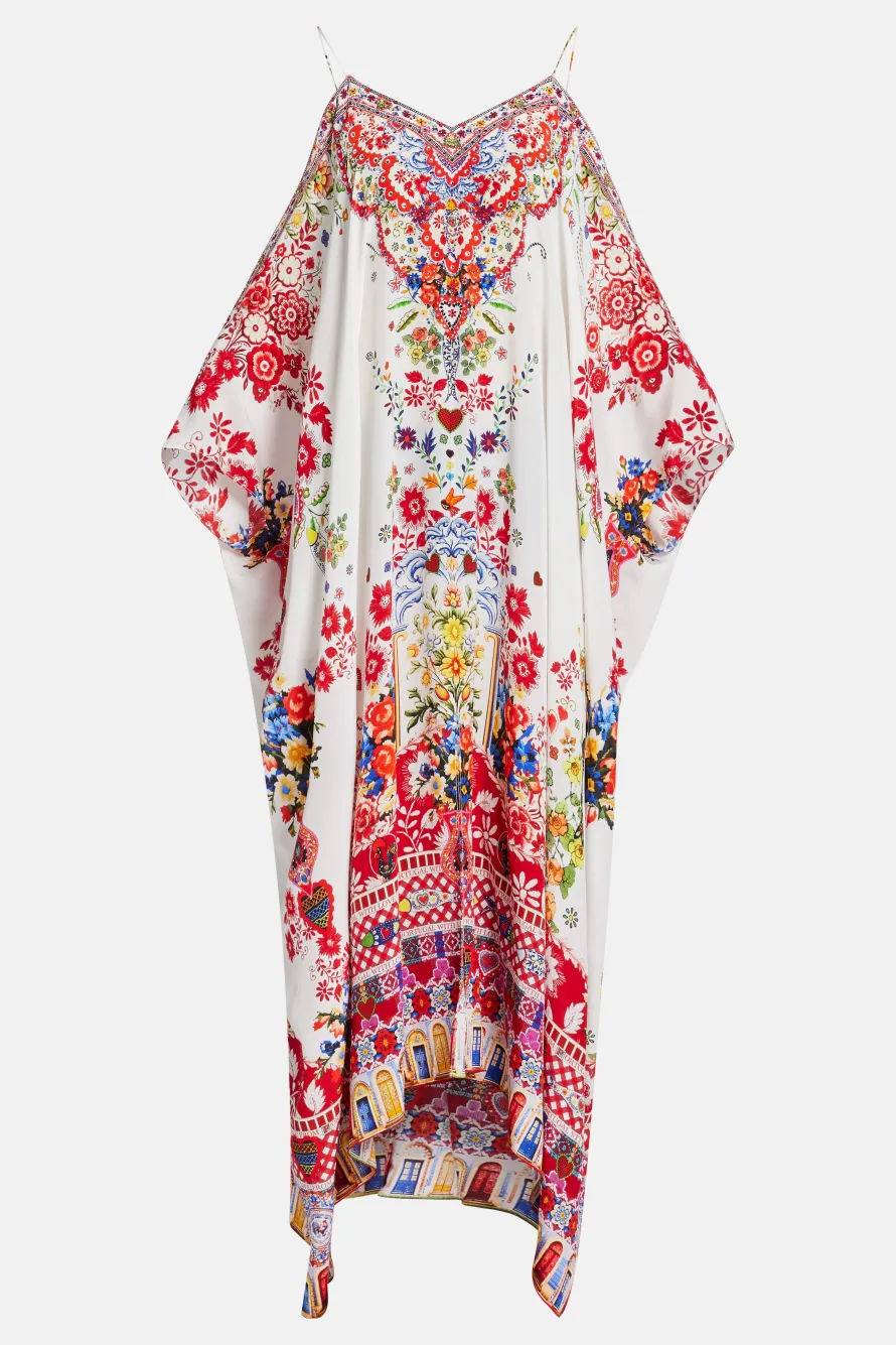Floral Shoestring Strap Silk Kaftan in Red and White