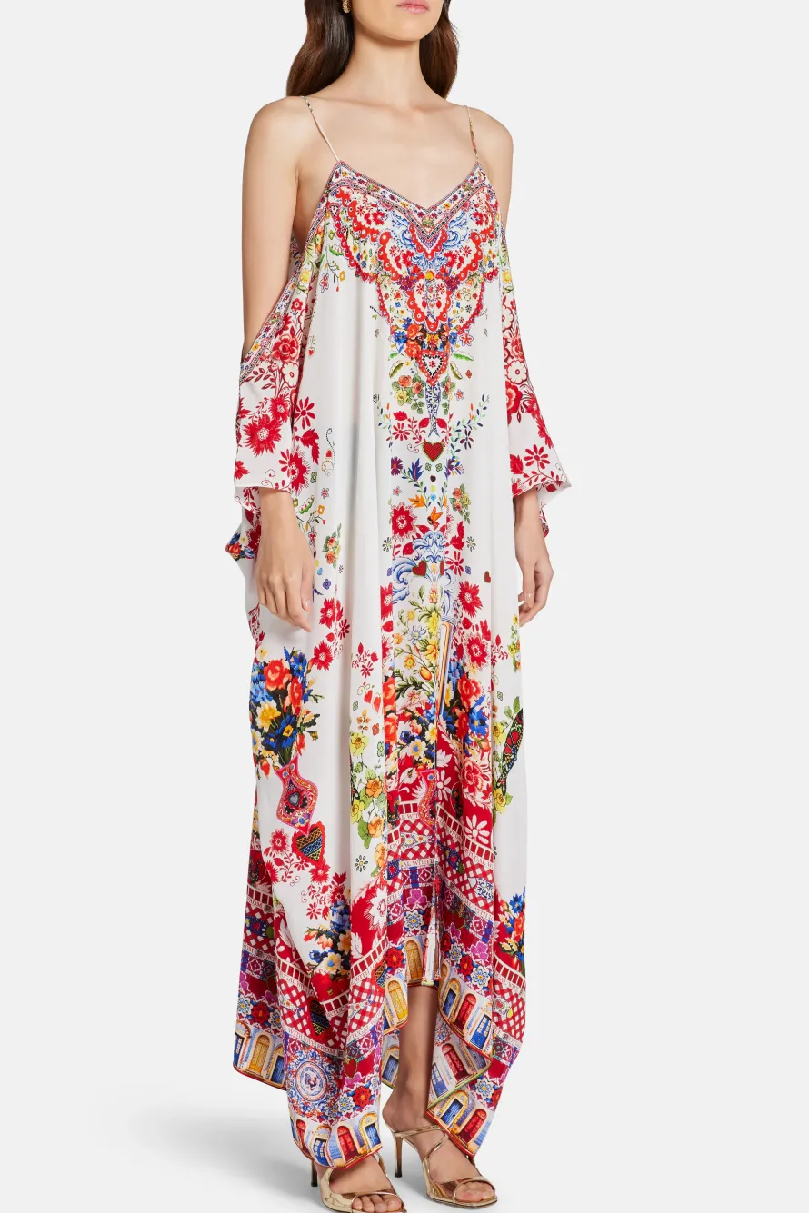 Floral Shoestring Strap Silk Kaftan in Red and White