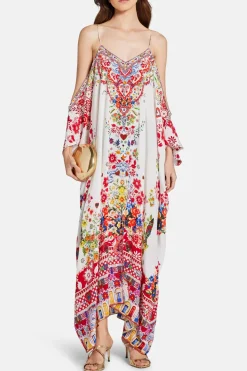 Floral Shoestring Strap Silk Kaftan in Red and White