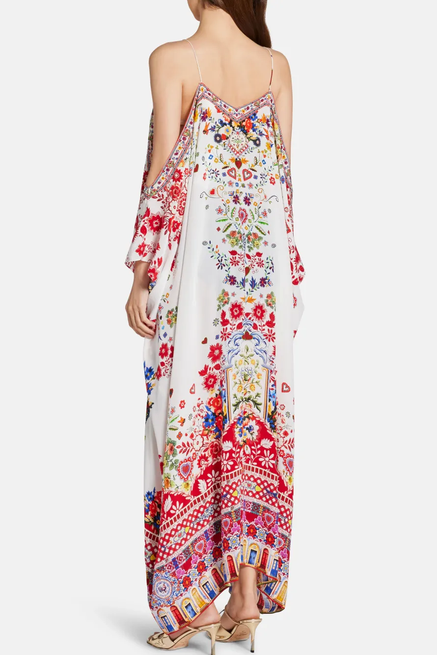 Floral Shoestring Strap Silk Kaftan in Red and White