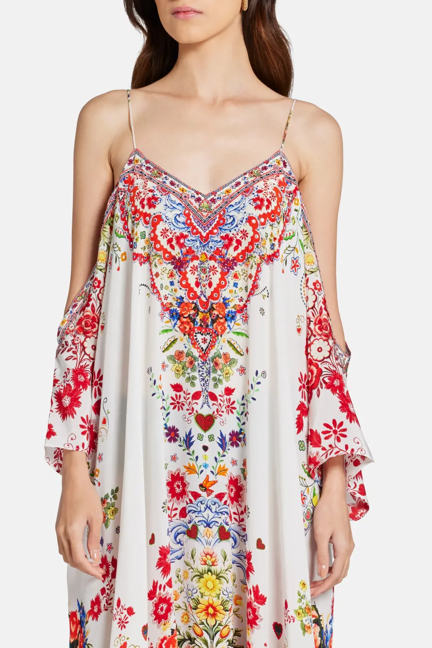 Floral Shoestring Strap Silk Kaftan in Red and White