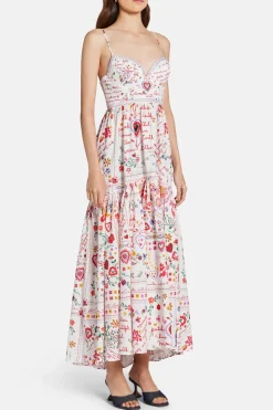 Floral Sleeveless Cotton Maxi Dress With Full Skirt in Red and White