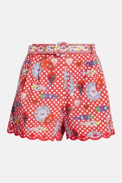 Floral Tuck Front Cotton Shorts in Red