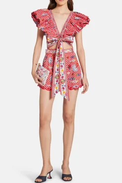 Floral Tuck Front Cotton Shorts in Red