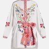 Floral Waist Tie Button Through Cotton Shirt in Red and White