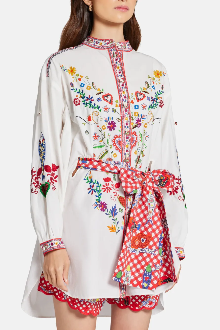 Floral Waist Tie Button Through Cotton Shirt in Red and White