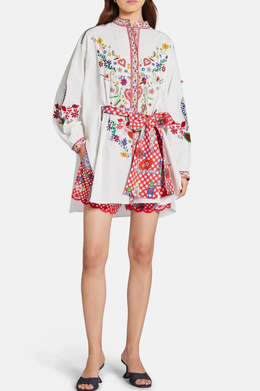 Floral Waist Tie Button Through Cotton Shirt in Red and White
