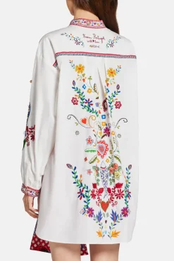 Floral Waist Tie Button Through Cotton Shirt in Red and White