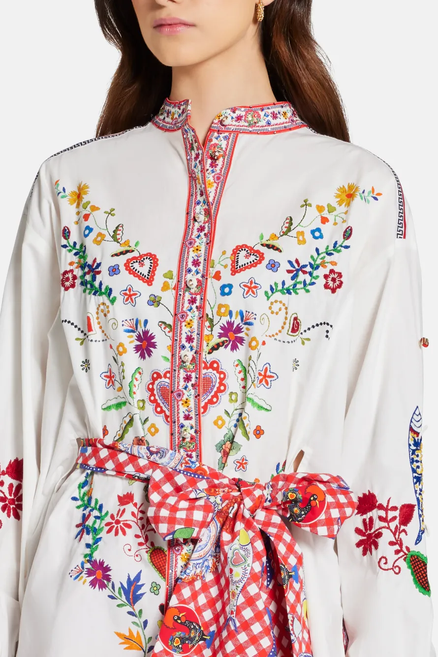 Floral Waist Tie Button Through Cotton Shirt in Red and White