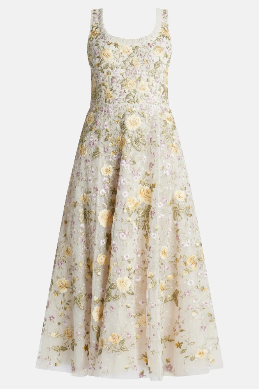 Florine Sleeveless Ballerina Floral Midi Dress in Cream