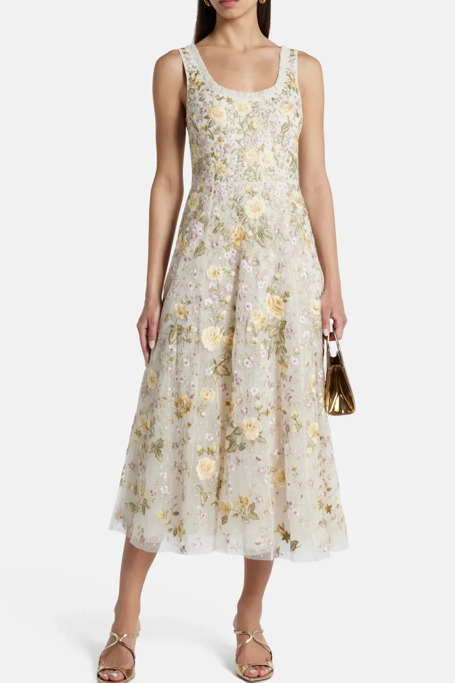 Florine Sleeveless Ballerina Floral Midi Dress in Cream