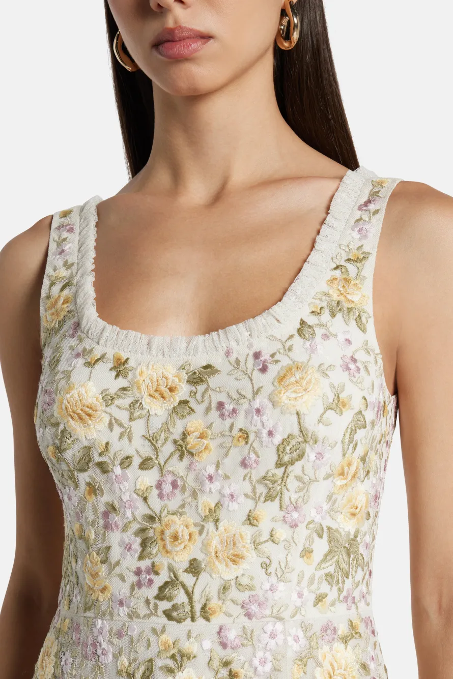 Florine Sleeveless Ballerina Floral Midi Dress in Cream