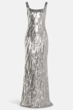 Full Payette Hand Manipulated Sleeveless Evening Gown in Silver