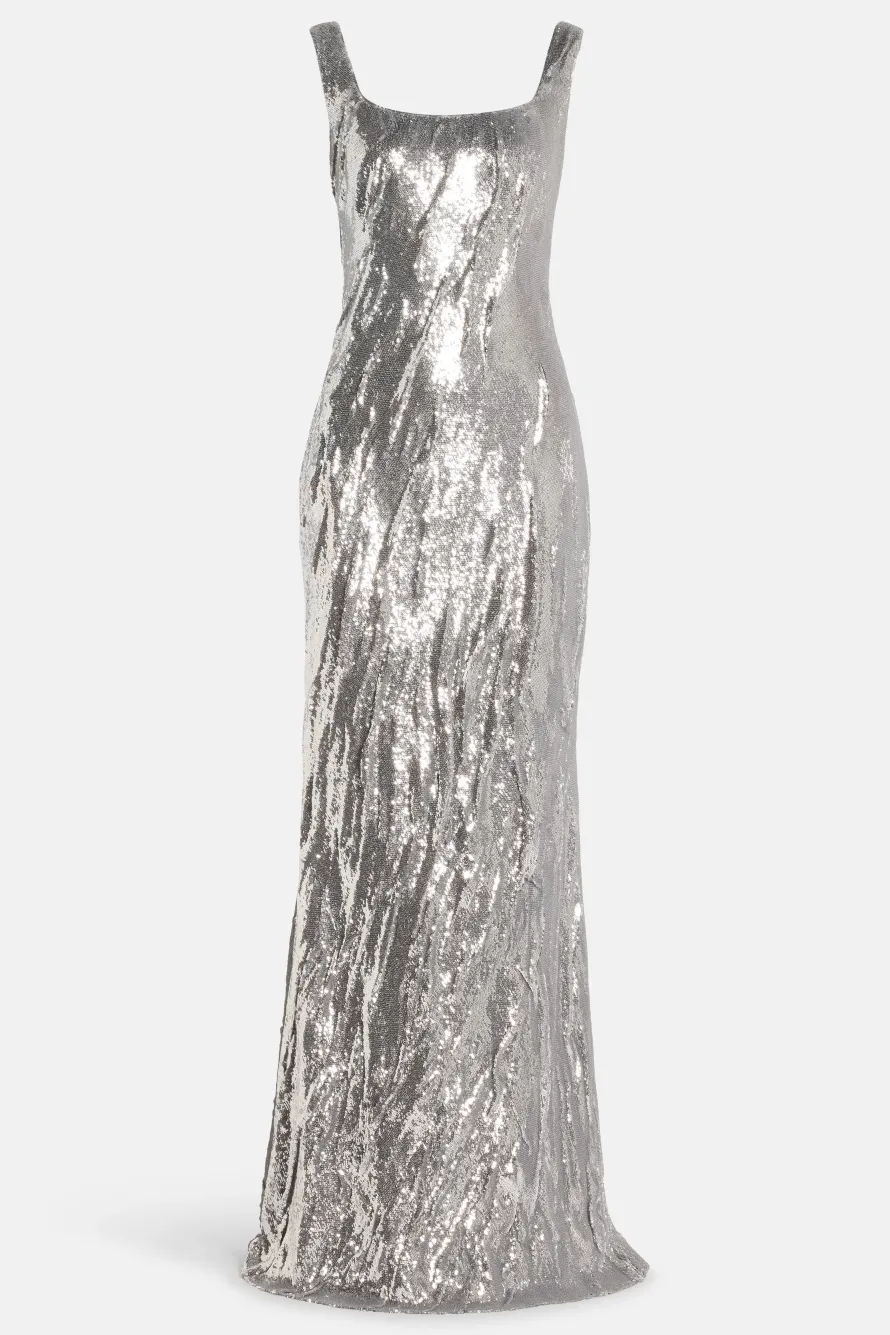 Full Payette Hand Manipulated Sleeveless Evening Gown in Silver