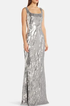 Full Payette Hand Manipulated Sleeveless Evening Gown in Silver