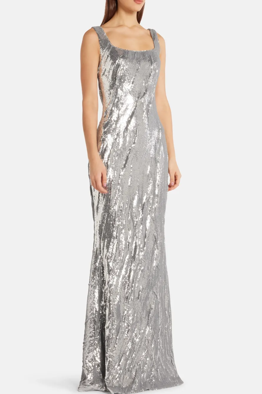 Full Payette Hand Manipulated Sleeveless Evening Gown in Silver