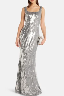 Full Payette Hand Manipulated Sleeveless Evening Gown in Silver