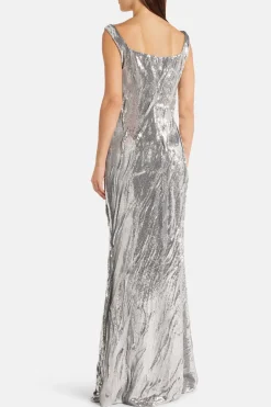 Full Payette Hand Manipulated Sleeveless Evening Gown in Silver