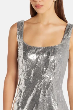 Full Payette Hand Manipulated Sleeveless Evening Gown in Silver