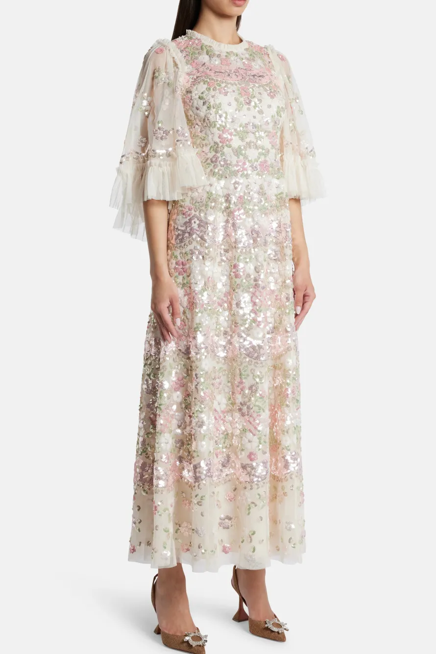 Garden Delight Gloss Sequin Midi Dress in Cream and Pink