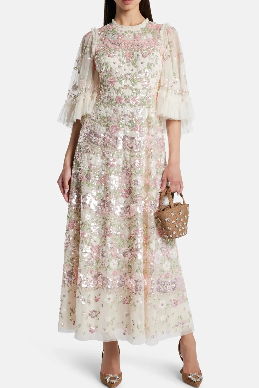 Garden Delight Gloss Sequin Midi Dress in Cream and Pink