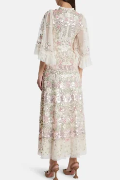 Garden Delight Gloss Sequin Midi Dress in Cream and Pink