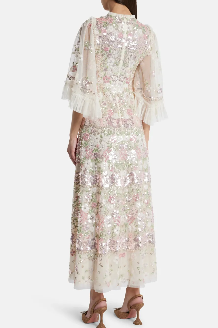 Garden Delight Gloss Sequin Midi Dress in Cream and Pink