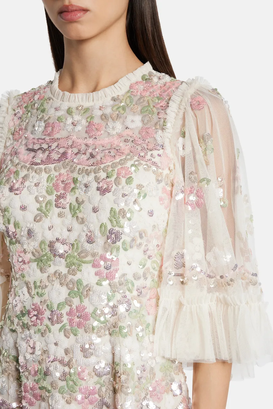 Garden Delight Gloss Sequin Midi Dress in Cream and Pink