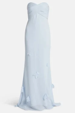 Georgette Floral Strapless Evening Dress With Scarf in Blue