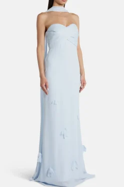 Georgette Floral Strapless Evening Dress With Scarf in Blue