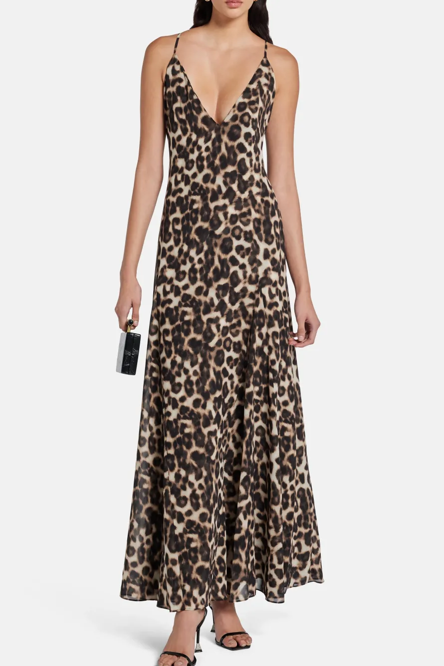 Isabel Leopard Print Maxi Dress in Brown/ Beige