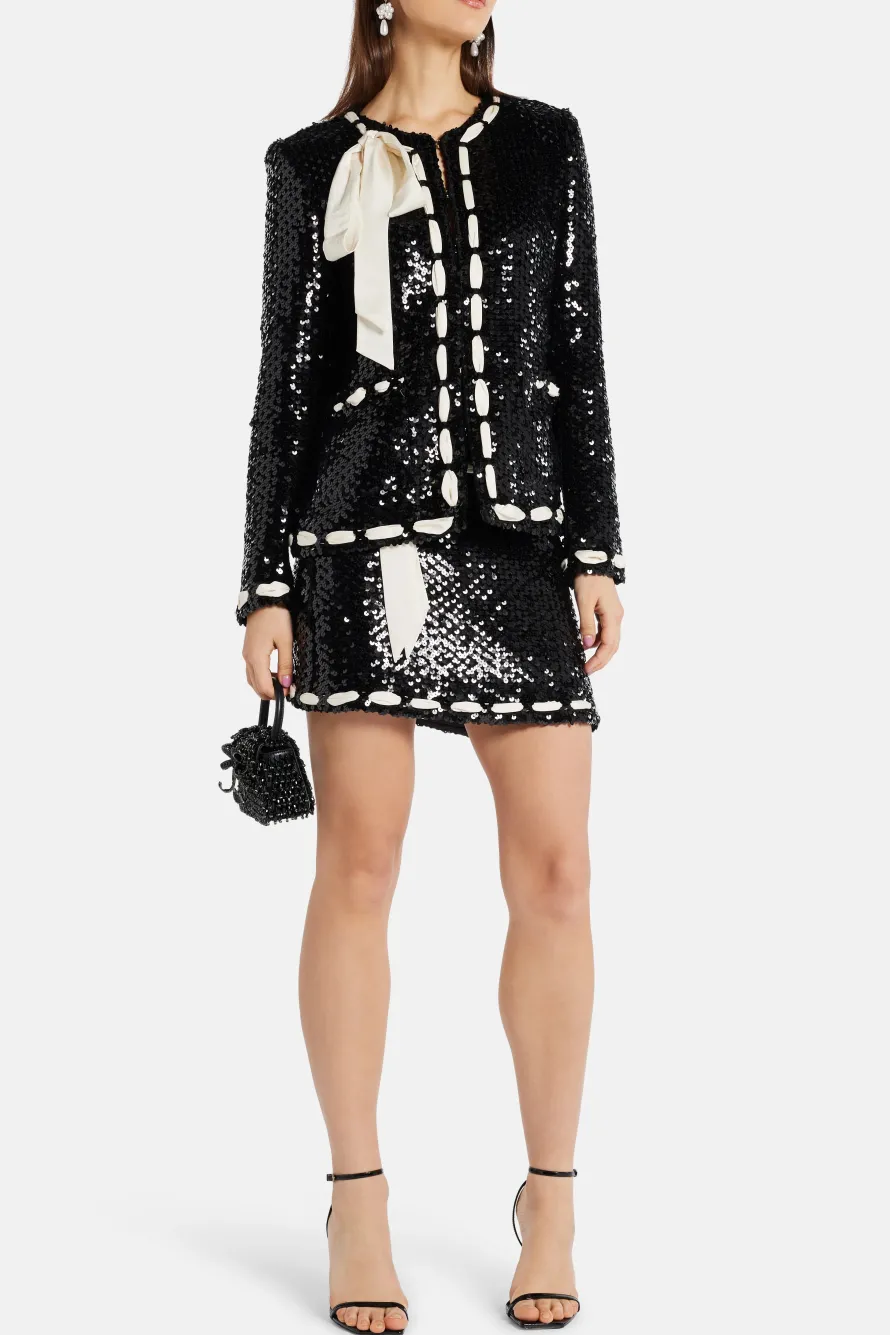 Lamoine Sequins Lovina Bow Knit Mini Skirt in Black/ White