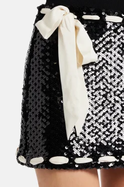 Lamoine Sequins Lovina Bow Knit Mini Skirt in Black/ White