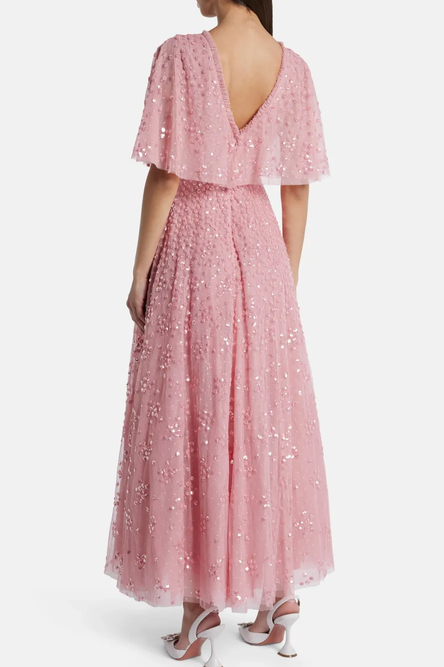 Leila Dot V Neck Sequin Midi Dress in Pink