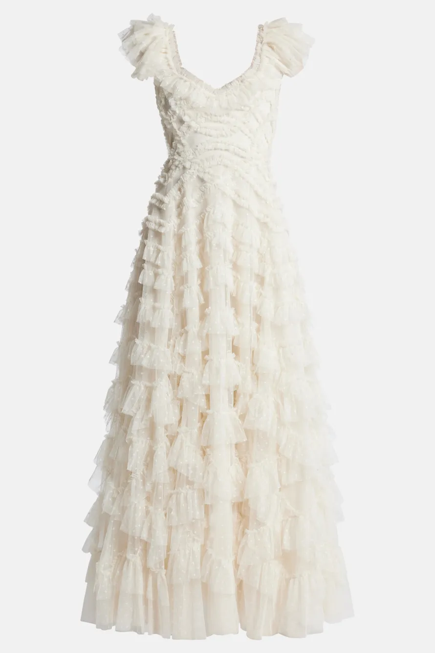 Lola Backless Ruffle Maxi Dress in Cream