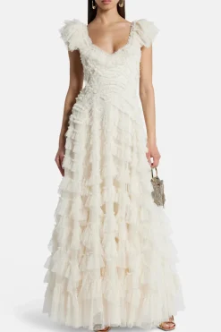 Lola Backless Ruffle Maxi Dress in Cream