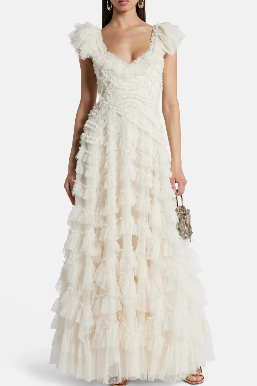 Lola Backless Ruffle Maxi Dress in Cream