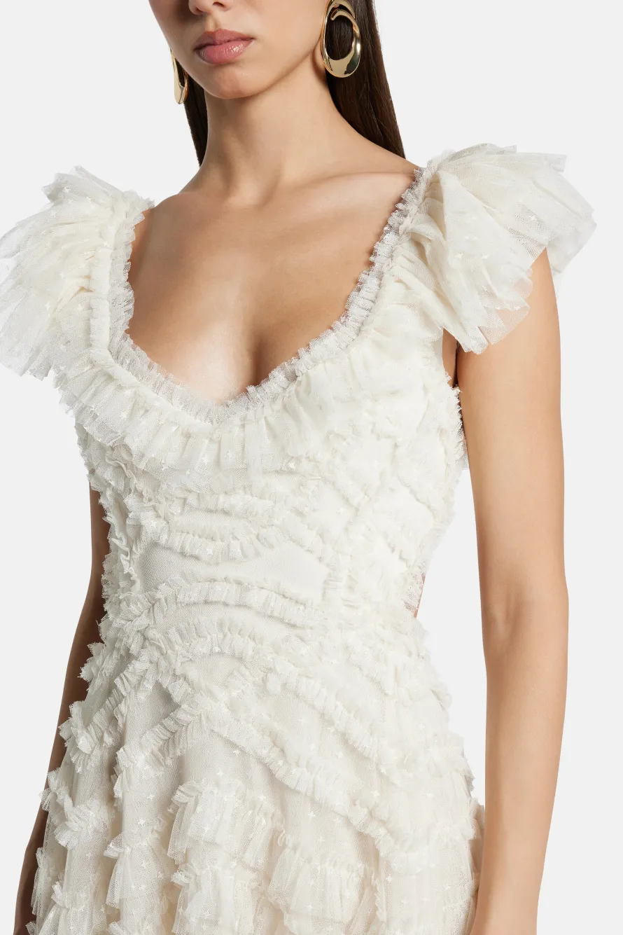 Lola Backless Ruffle Maxi Dress in Cream