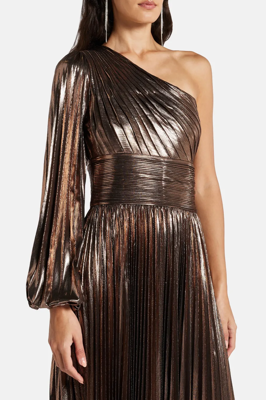 Lysandra Shimmer One Shoulder Evening Dress in Bronze and Gold