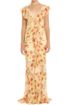 Macaroon Flutter Sleeve Ruffle Maxi Dress